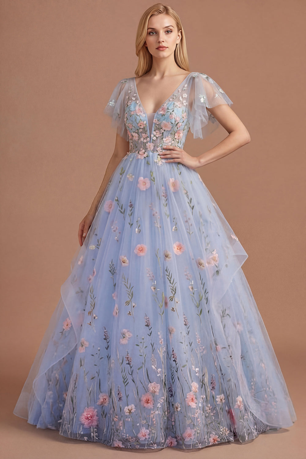 Leely Women Blue Floral Corset A Line V Neck Long Prom Dress Flutter Sleeves Backless Garden Party Dress