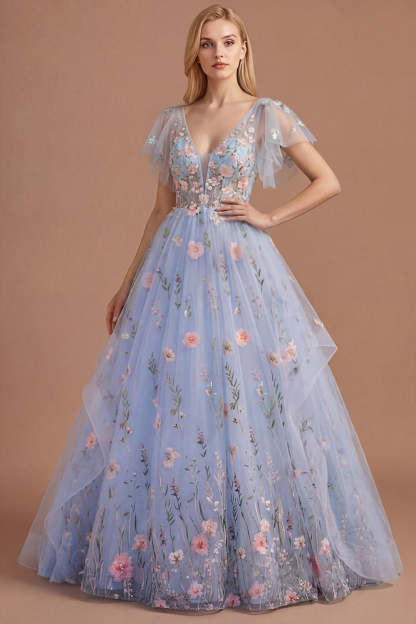 Leely Women Blue Floral Corset A Line V Neck Long Prom Dress Flutter Sleeves Backless Garden Party Dress