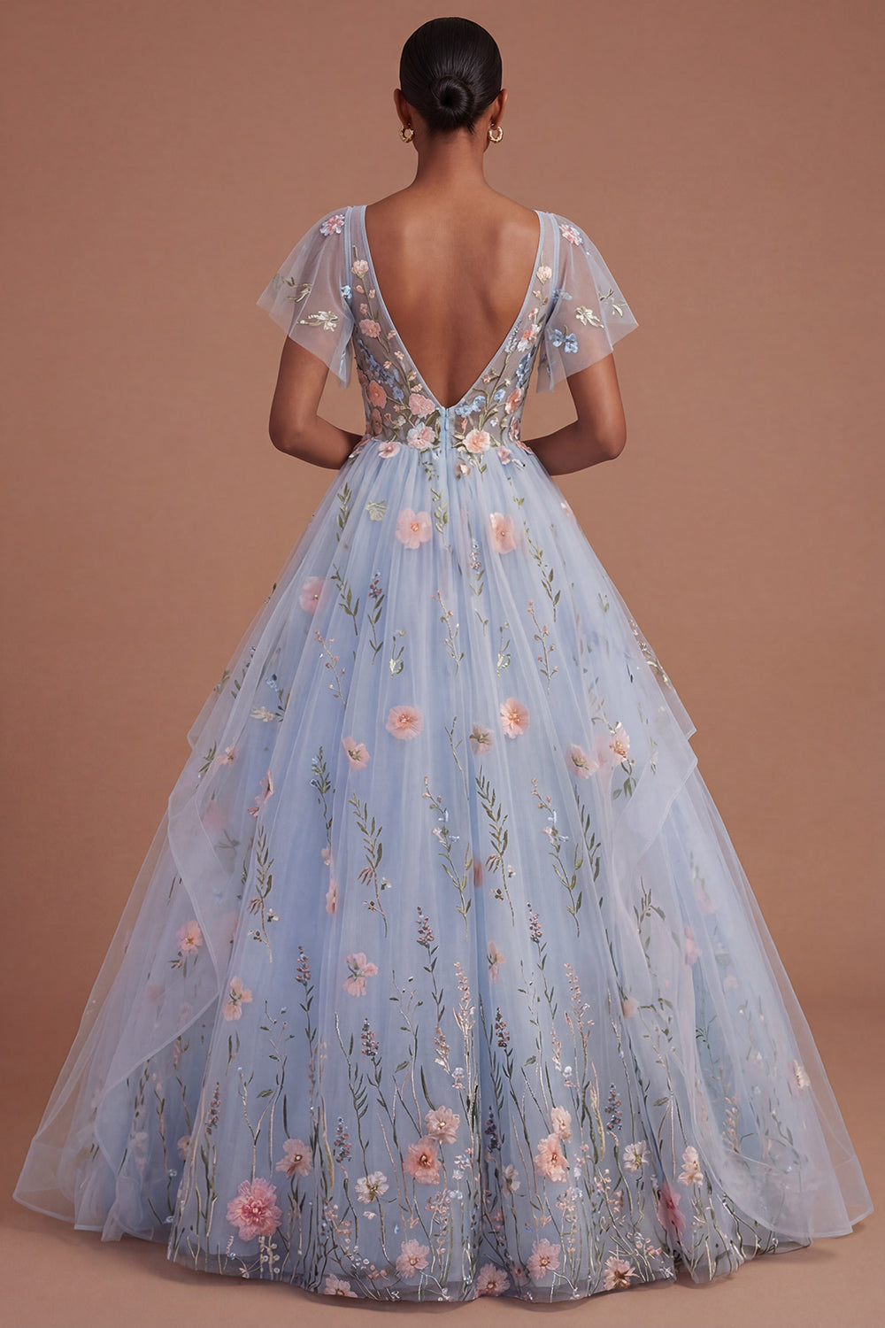 V Neck Appliqued Flutter Sleeves Floral Long Prom Dress