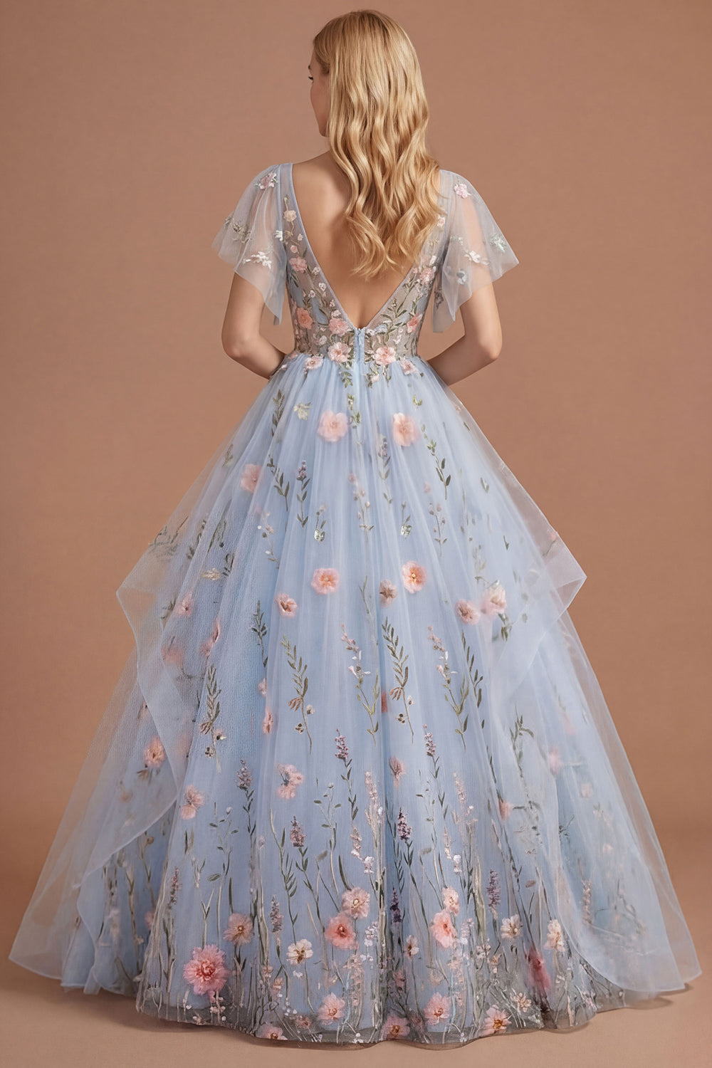 Blue Floral Corset A Line V Neck Long Prom Dress