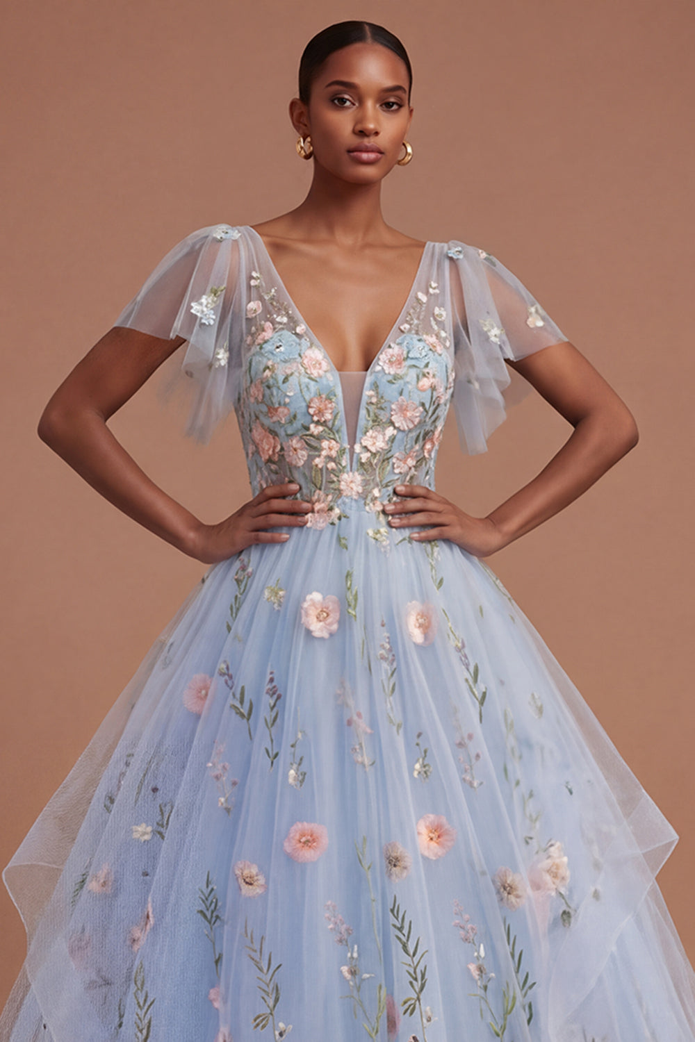 V Neck Appliqued Flutter Sleeves Floral Long Prom Dress