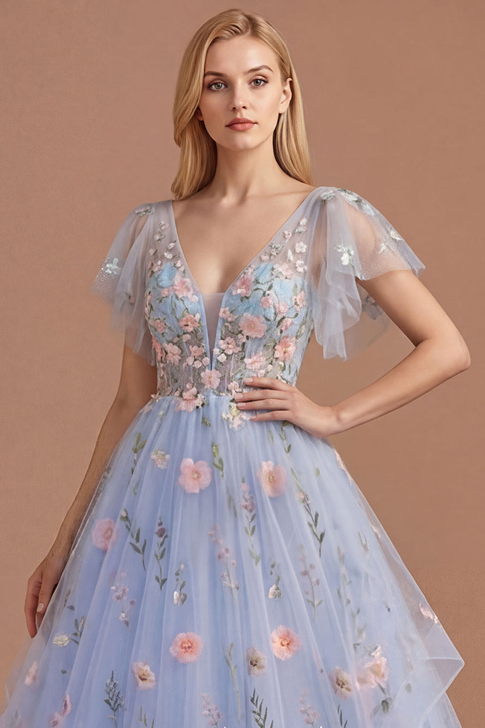 Blue Floral Corset A Line V Neck Long Prom Dress