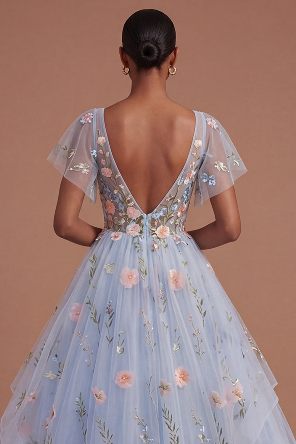 V Neck Appliqued Flutter Sleeves Floral Long Prom Dress