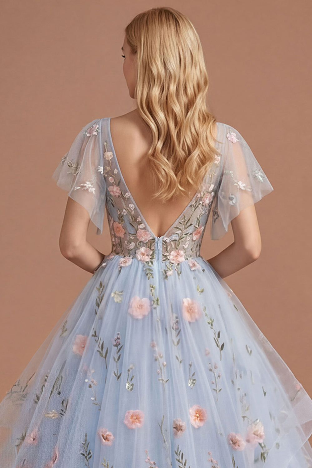 Blue Floral Corset A Line V Neck Long Prom Dress