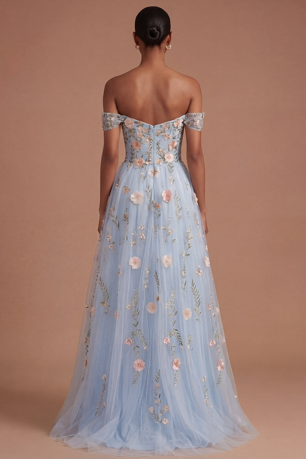 High Low Floral Blue A Line Corset Off the Shoulder Long Prom Dress