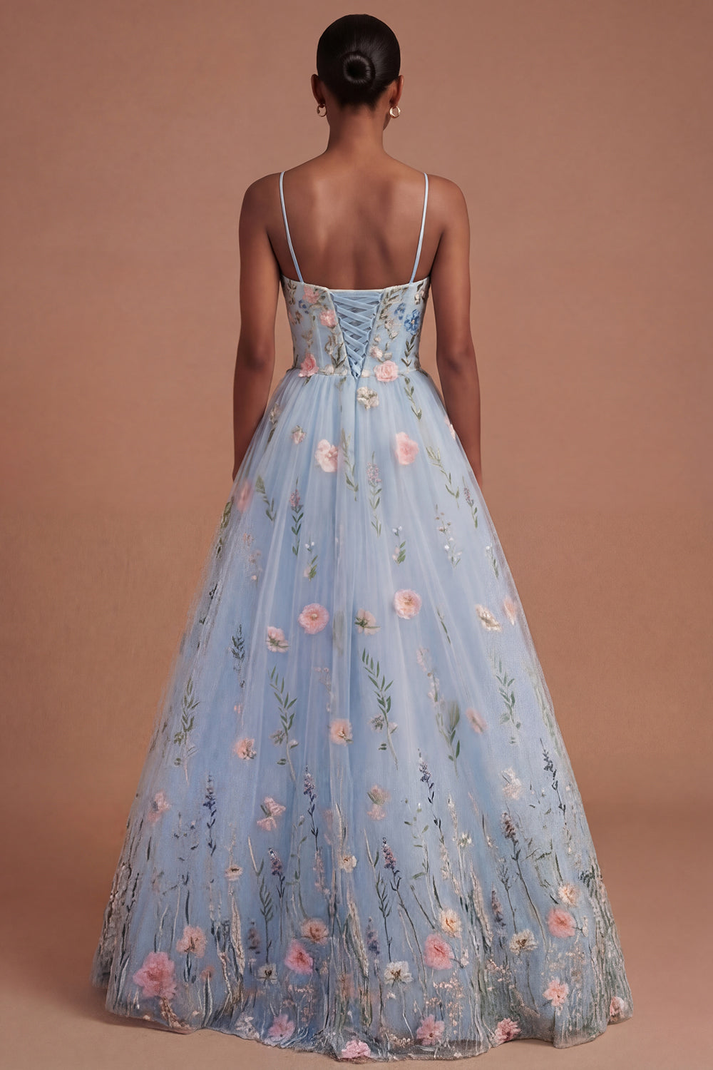 Spaghetti Straps Corset A Line Floral Long Prom Dress