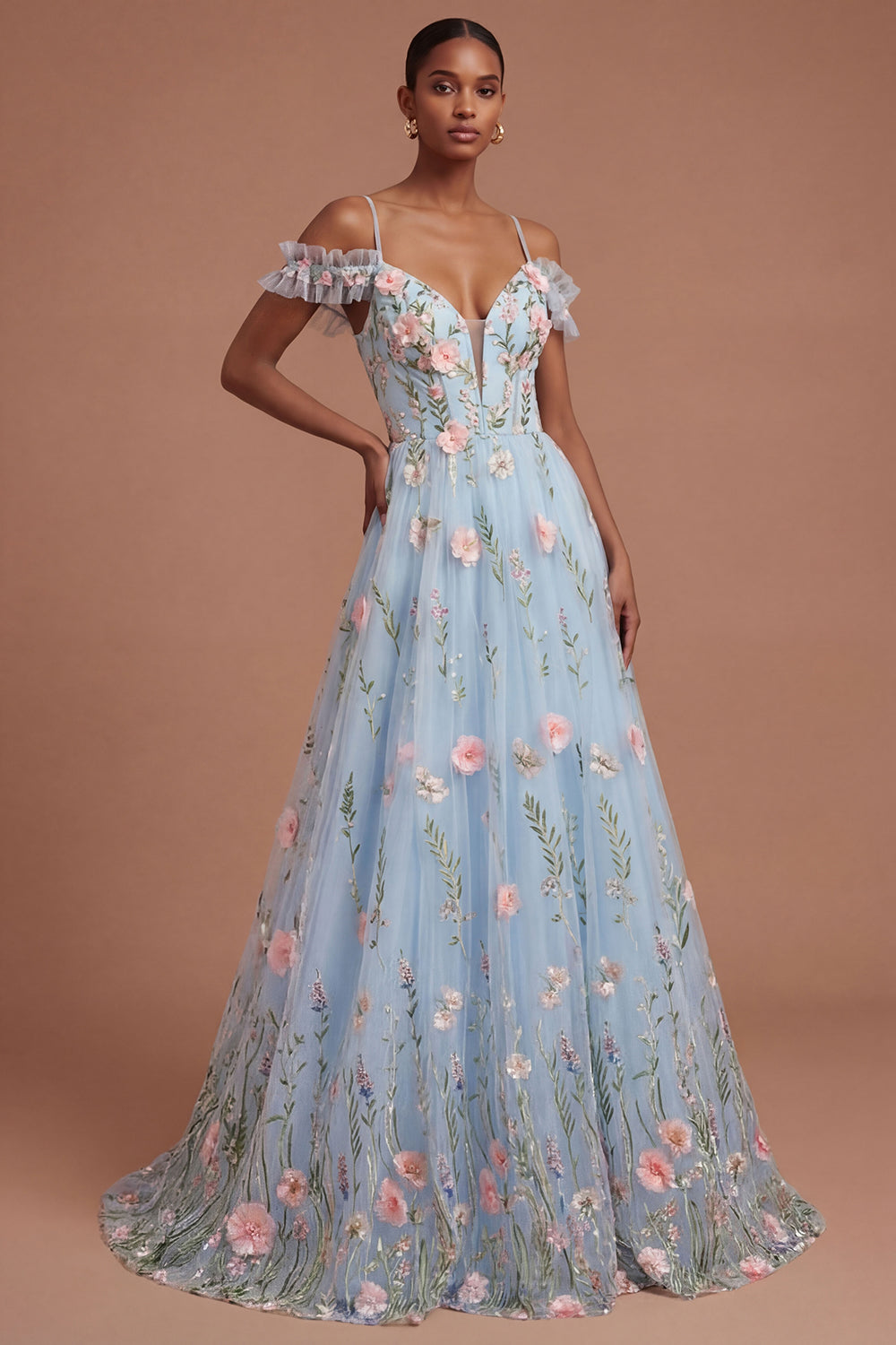 Leely Women Blue Floral Appliqued Cold Shoulder Long Prom Dress Backless A Line Wedding Guest Dress