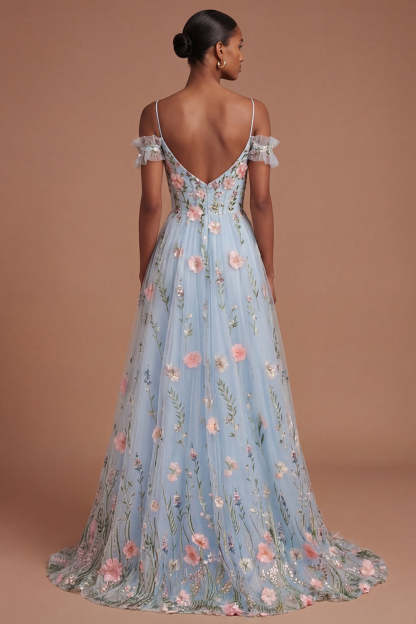 Blue Floral Appliqued Cold Shoulder A Line Long Prom Dress