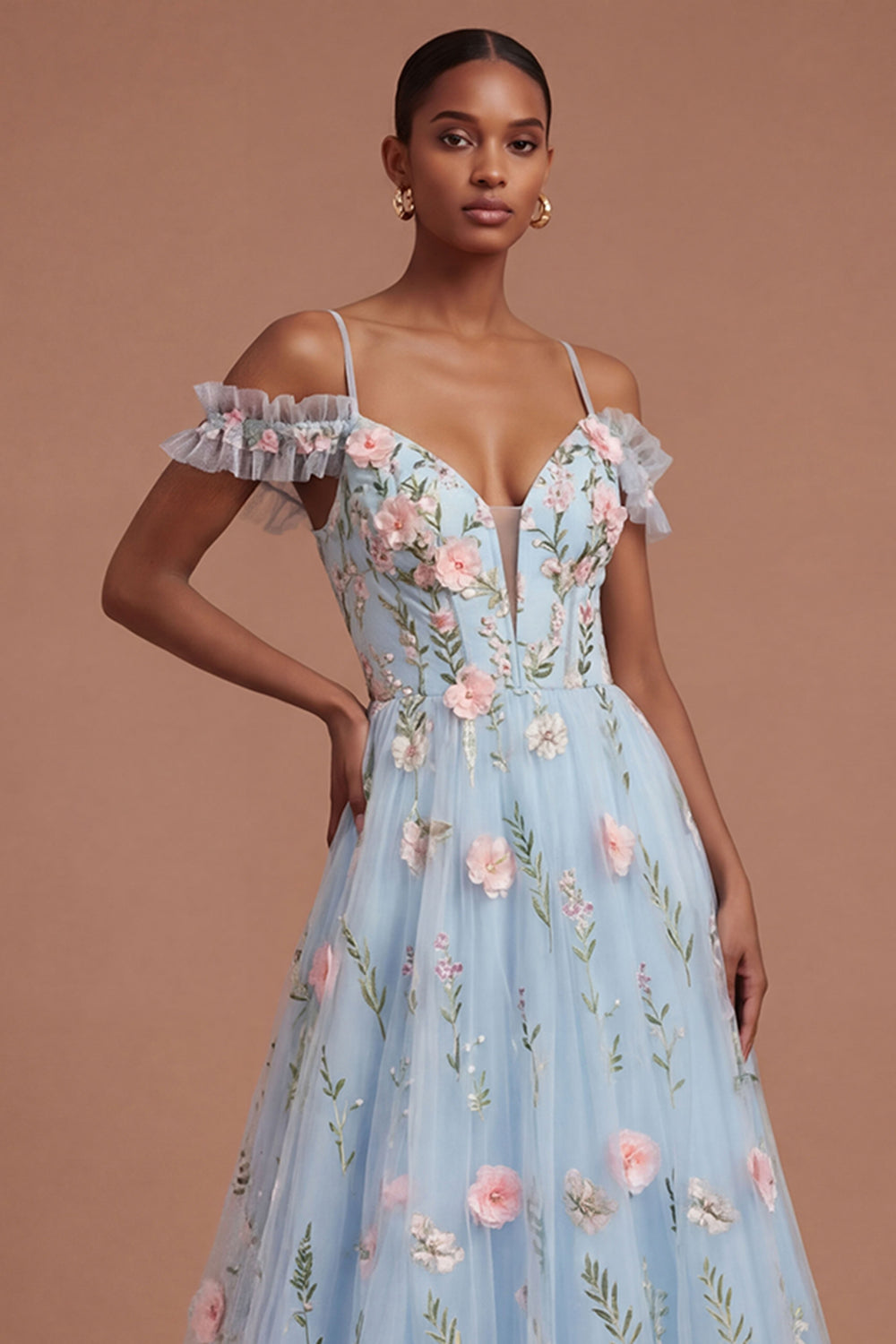 Blue Floral Appliqued Cold Shoulder A Line Long Prom Dress