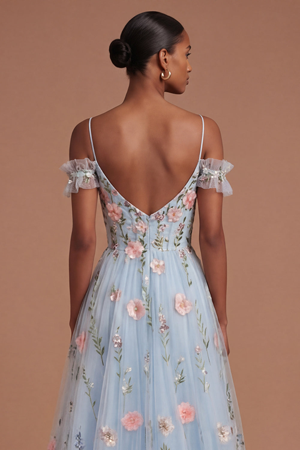 Blue Floral Appliqued Cold Shoulder A Line Long Prom Dress