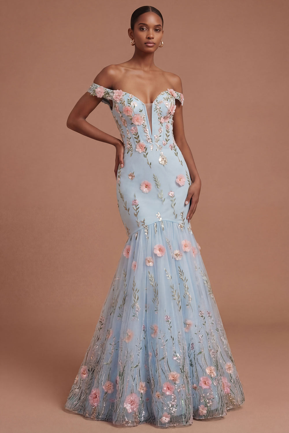 Leely Women Off the Shoulder Corset Mermaid Blue Floral Long Prom Dress Backless Appliqued Evening Dress