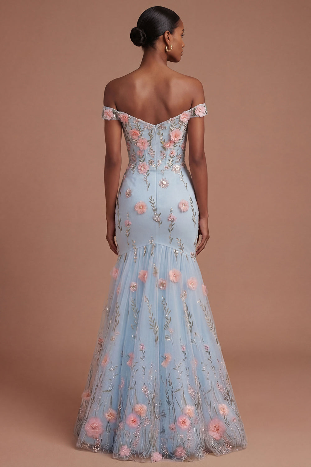 Off the Shoulder Corset Mermaid Blue Floral Long Prom Dress