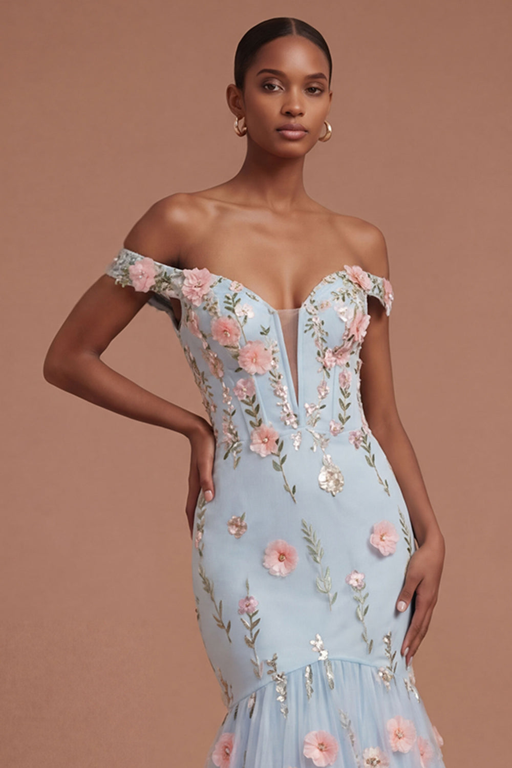 Off the Shoulder Corset Mermaid Blue Floral Long Prom Dress