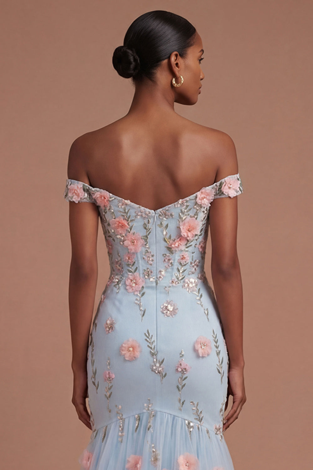 Off the Shoulder Corset Mermaid Blue Floral Long Prom Dress