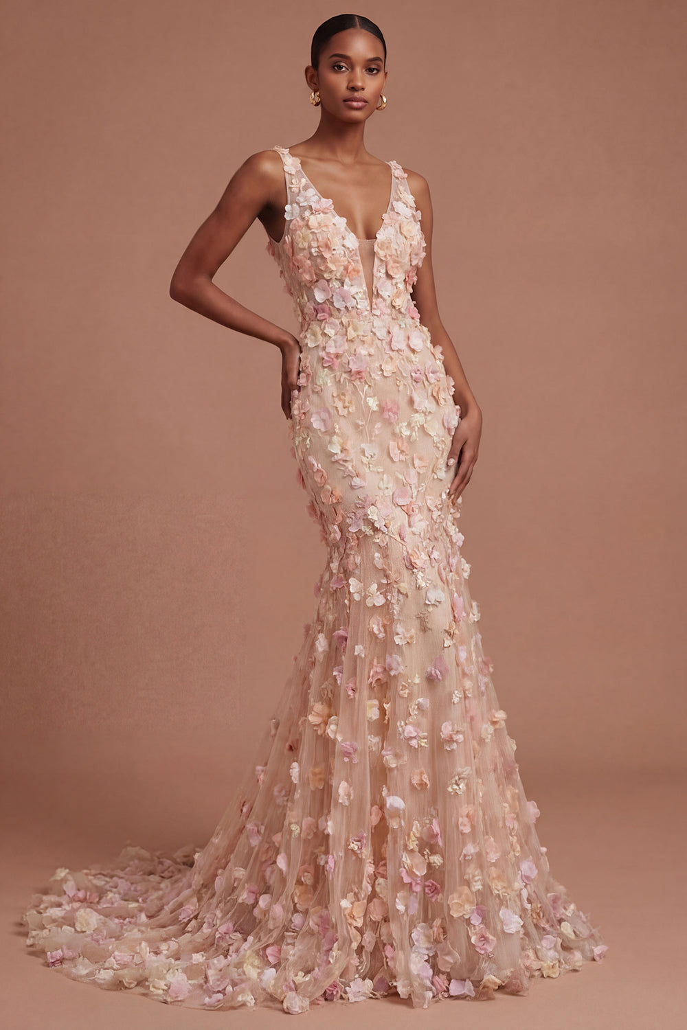 Appliqued Floral Champagne V Neck Long Prom Dress