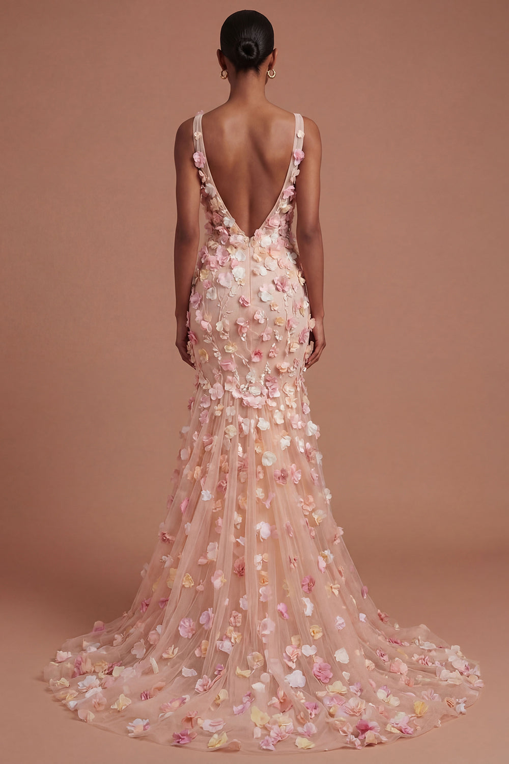 Appliqued Floral Champagne V Neck Long Prom Dress