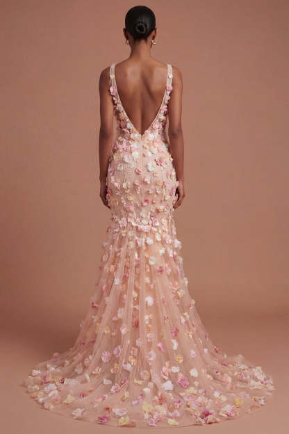 Appliqued Floral Champagne V Neck Long Prom Dress