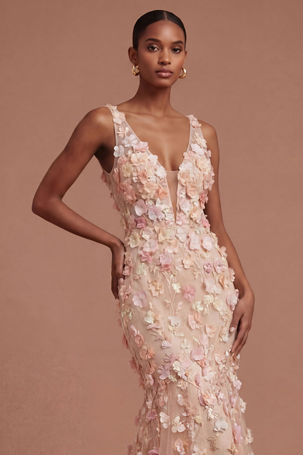Appliqued Floral Champagne V Neck Long Prom Dress