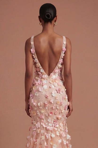 Appliqued Floral Champagne V Neck Long Prom Dress