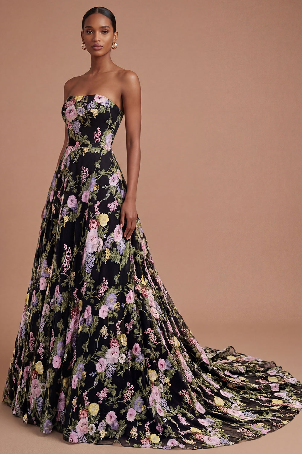 A Line Floral Black Pink Strapless Backless Appliqued Long Prom Dress