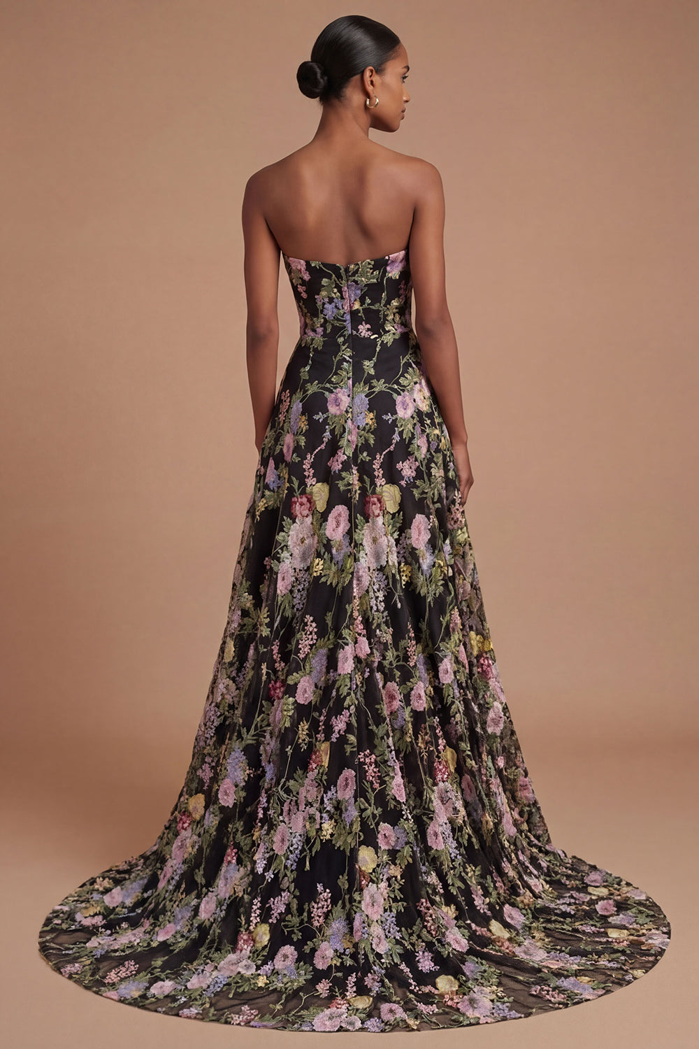A Line Floral Black Pink Strapless Backless Appliqued Long Prom Dress