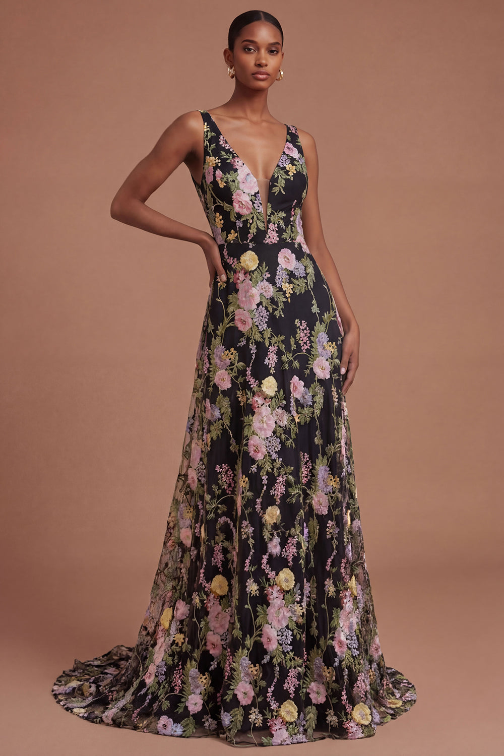 V Neck A Line Floral Black Pink Sleeveless Long Prom Dress