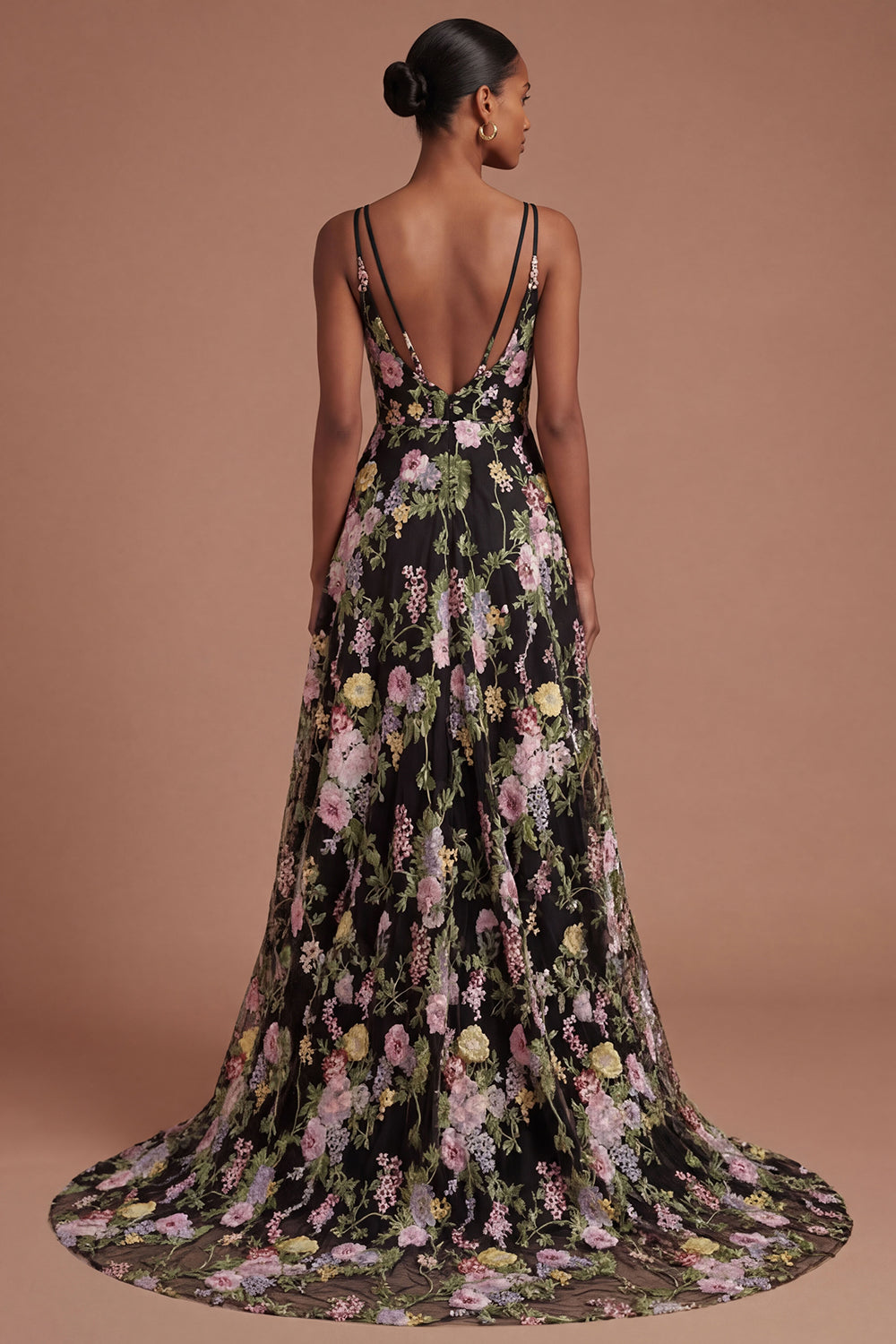 V Neck A Line Floral Black Pink Sleeveless Long Prom Dress