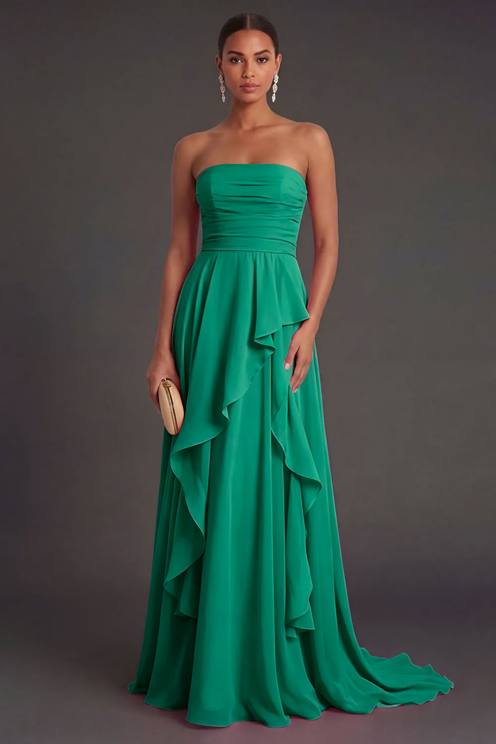Hot Pink Ruffled Strapless Backless Long Wedding Guest Dress