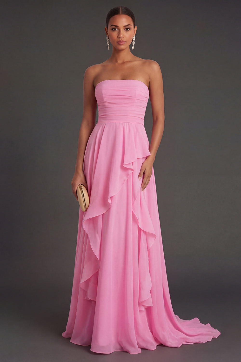 Hot Pink Ruffled Strapless Backless Long Wedding Guest Dress