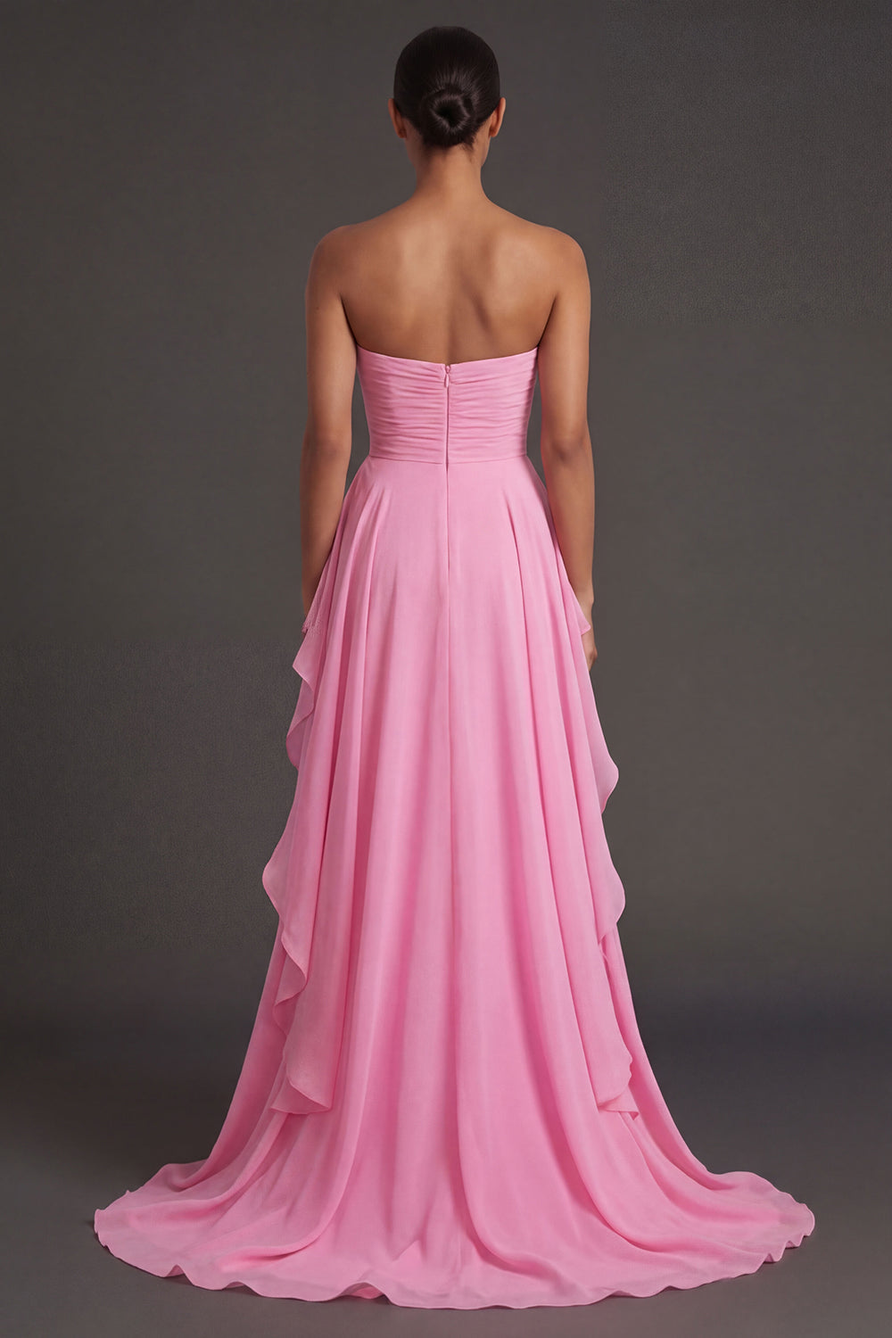 Hot Pink Ruffled Strapless Backless Long Wedding Guest Dress