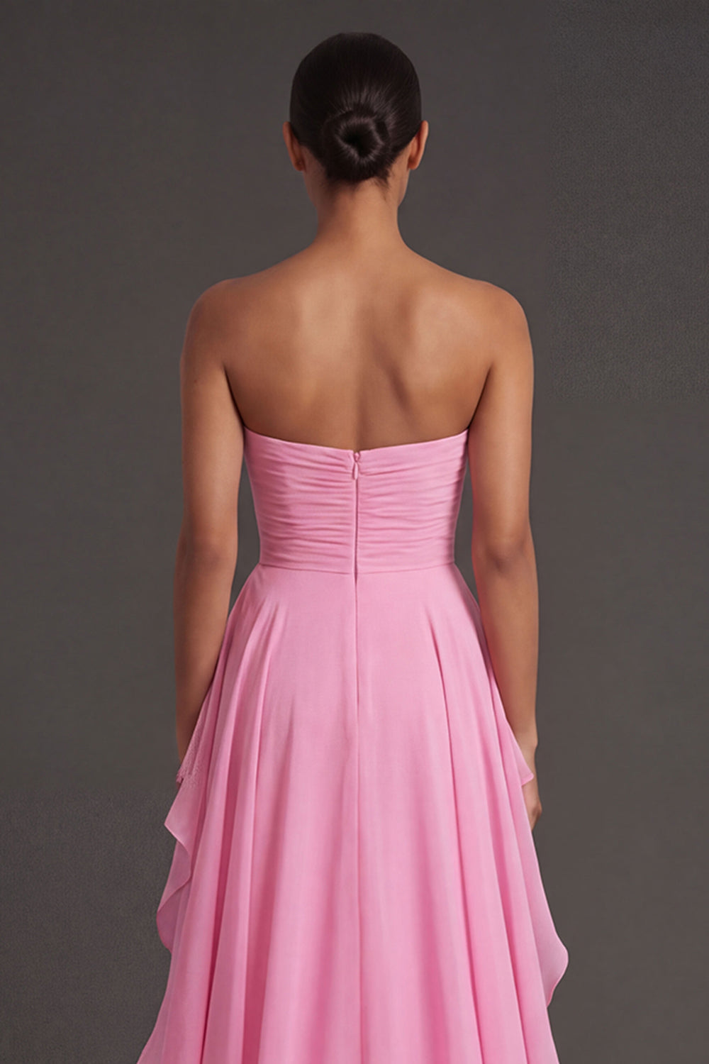 Hot Pink Ruffled Strapless Backless Long Wedding Guest Dress