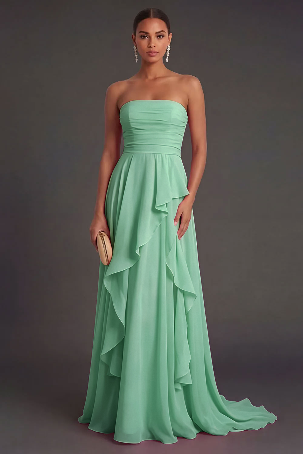 Hot Pink Ruffled Strapless Backless Long Wedding Guest Dress