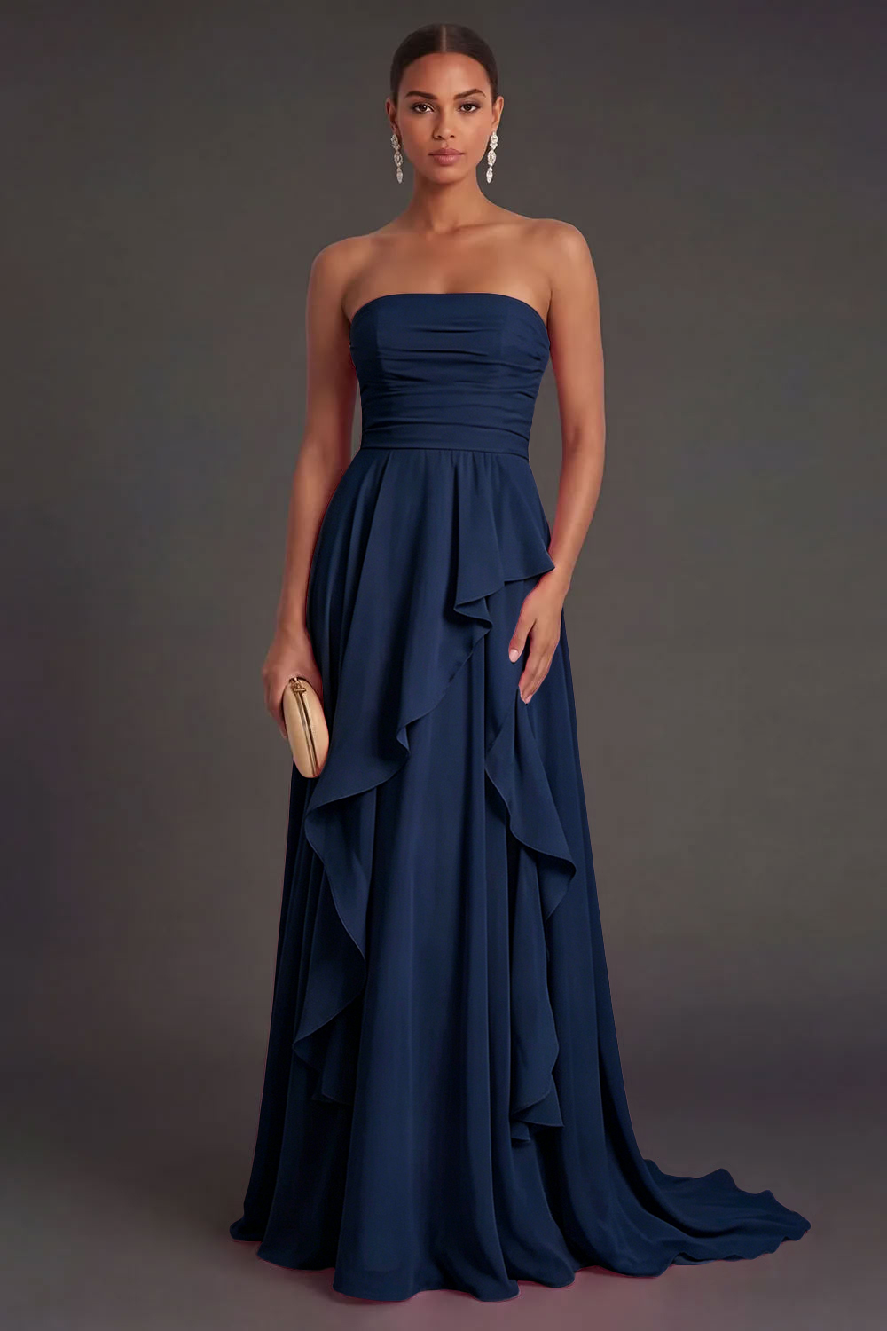 Hot Pink Ruffled Strapless Backless Long Wedding Guest Dress