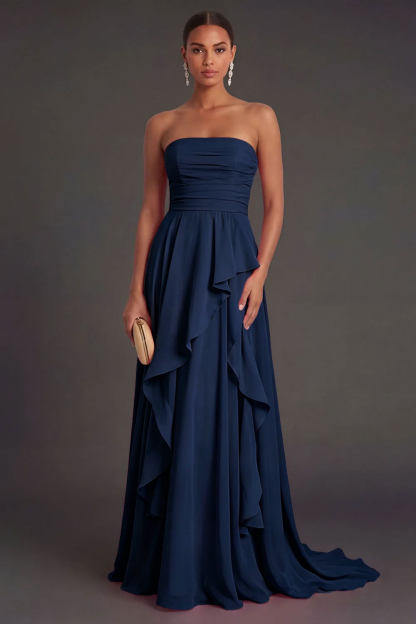 Hot Pink Ruffled Strapless Backless Long Wedding Guest Dress