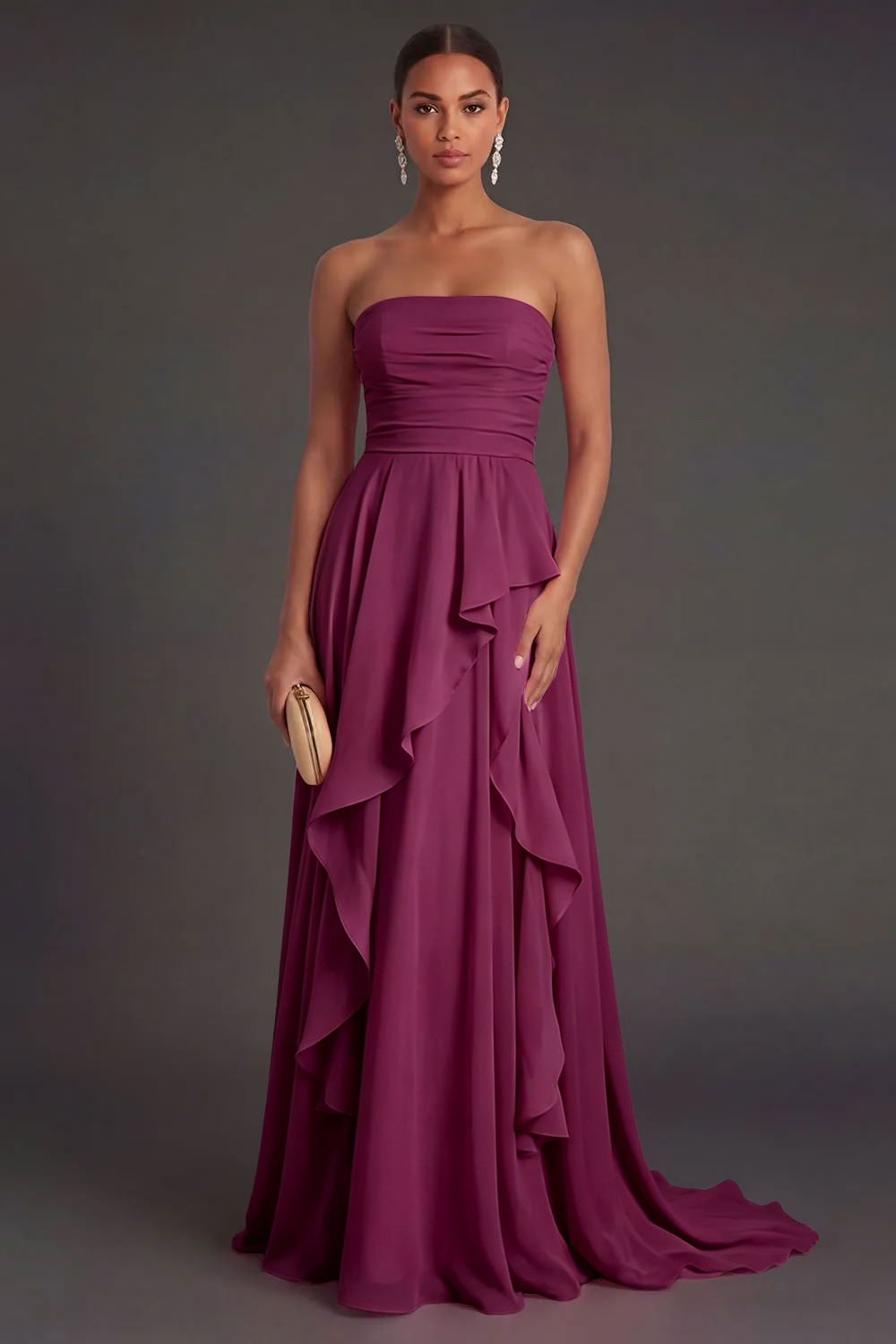 Hot Pink Ruffled Strapless Backless Long Wedding Guest Dress