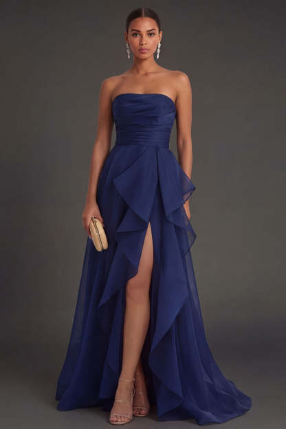 Leely Women Navy Ruffled Long Wedding Guest Dress with Slit Strapless Backless Sleeveless Evening Dress