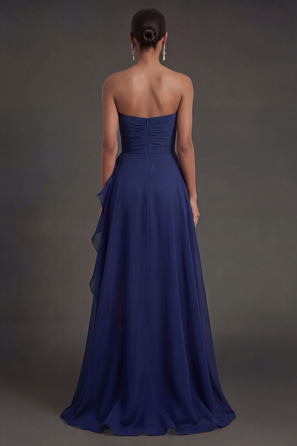Navy Ruffled Strapless Backless Long Wedding Guest Dress with Slit