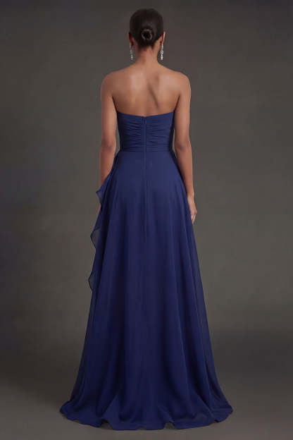 Navy Ruffled Strapless Backless Long Wedding Guest Dress with Slit