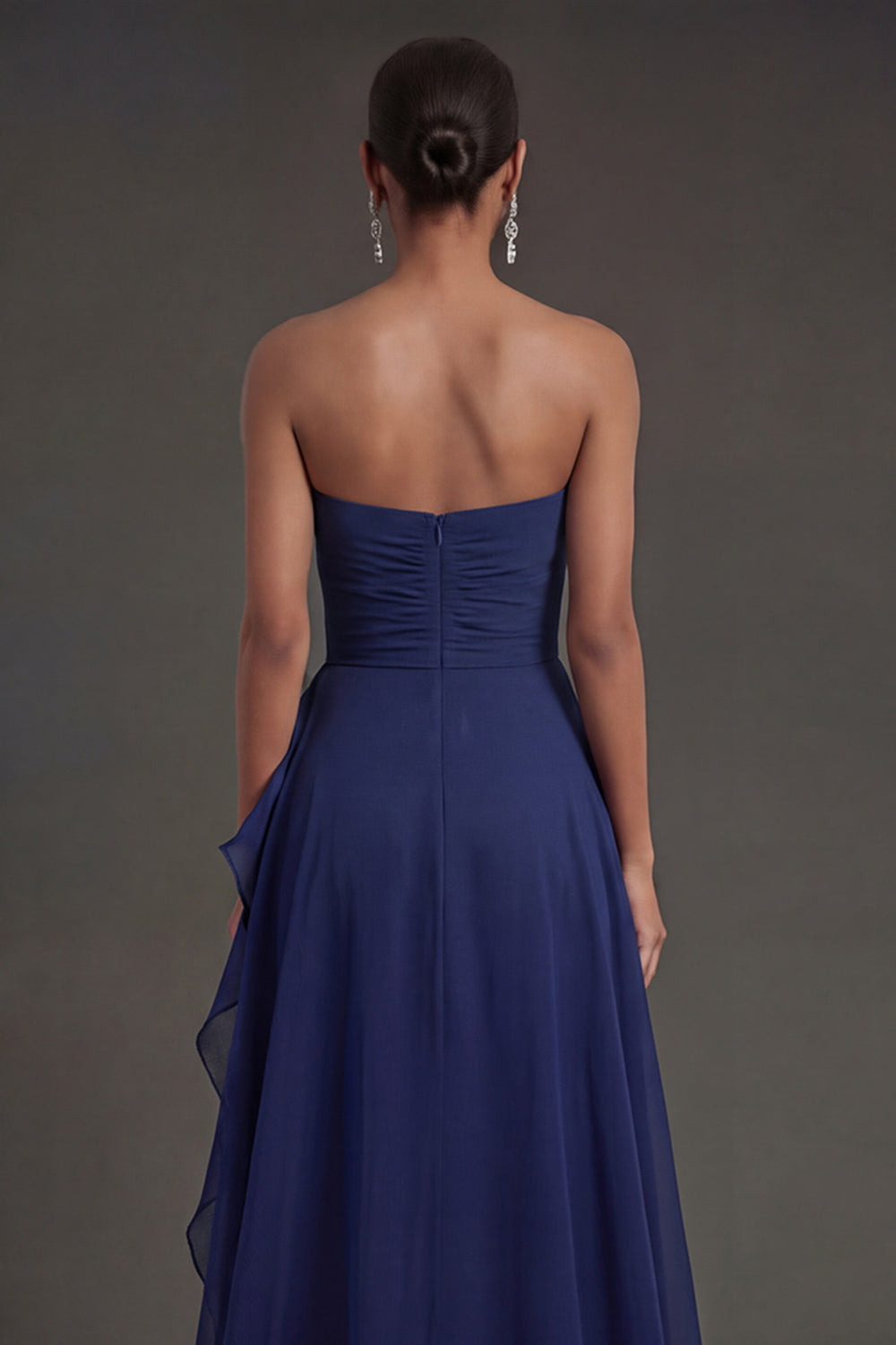Navy Ruffled Strapless Backless Long Wedding Guest Dress with Slit