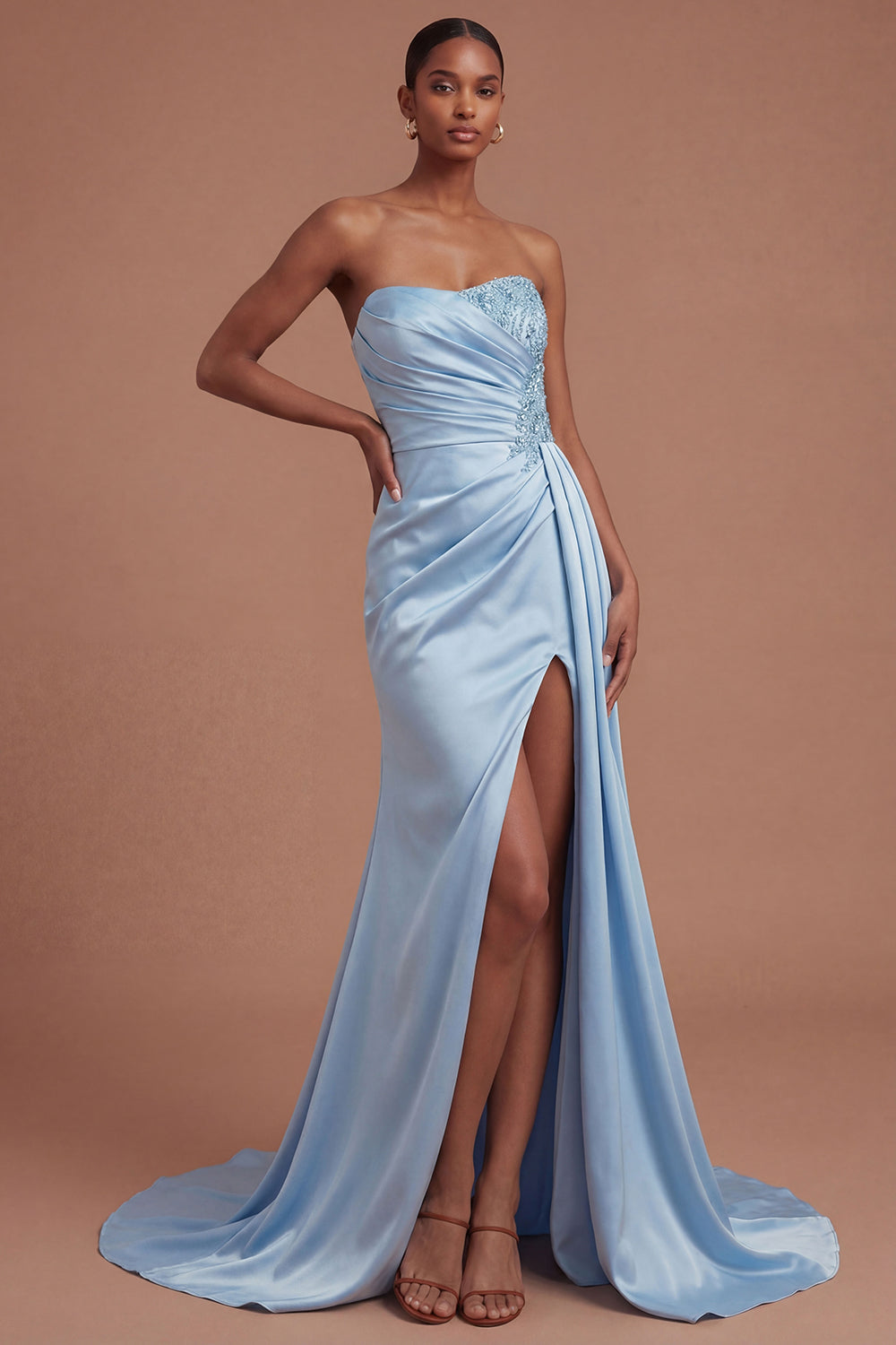 Leely Women Stain Blue Ruched Long Prom Dress with Slit Strapless Appliqued Sleeveless Evening Dress