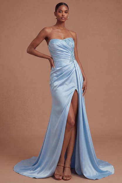 Leely Women Stain Blue Ruched Long Prom Dress with Slit Strapless Appliqued Sleeveless Evening Dress