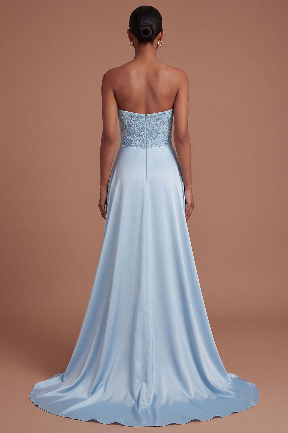 Stain Blue Ruched Strapless Appliqued Long Prom Dress with Slit