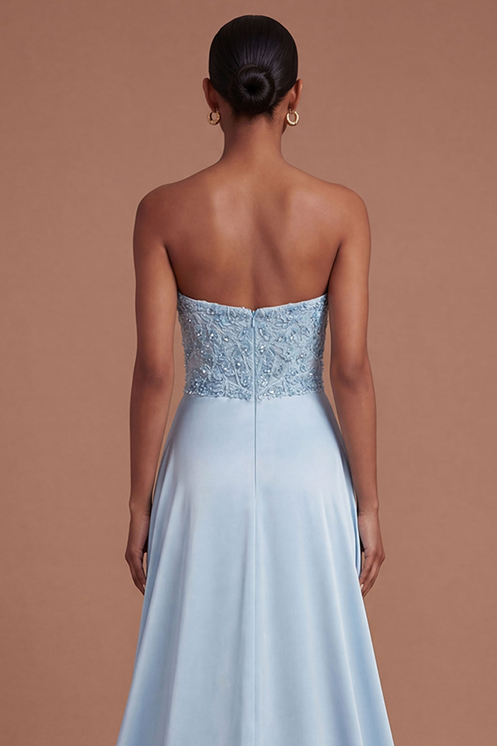 Stain Blue Ruched Strapless Appliqued Long Prom Dress with Slit