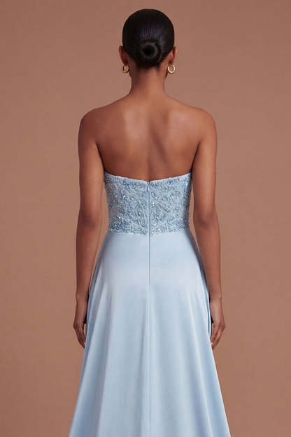 Stain Blue Ruched Strapless Appliqued Long Prom Dress with Slit