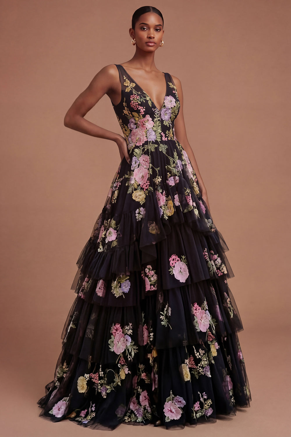 A Line Black Pink Floral Appliqued Tiered Long Prom Dress
