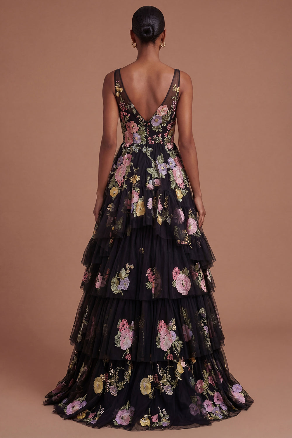 A Line Black Pink Floral Appliqued Tiered Long Prom Dress
