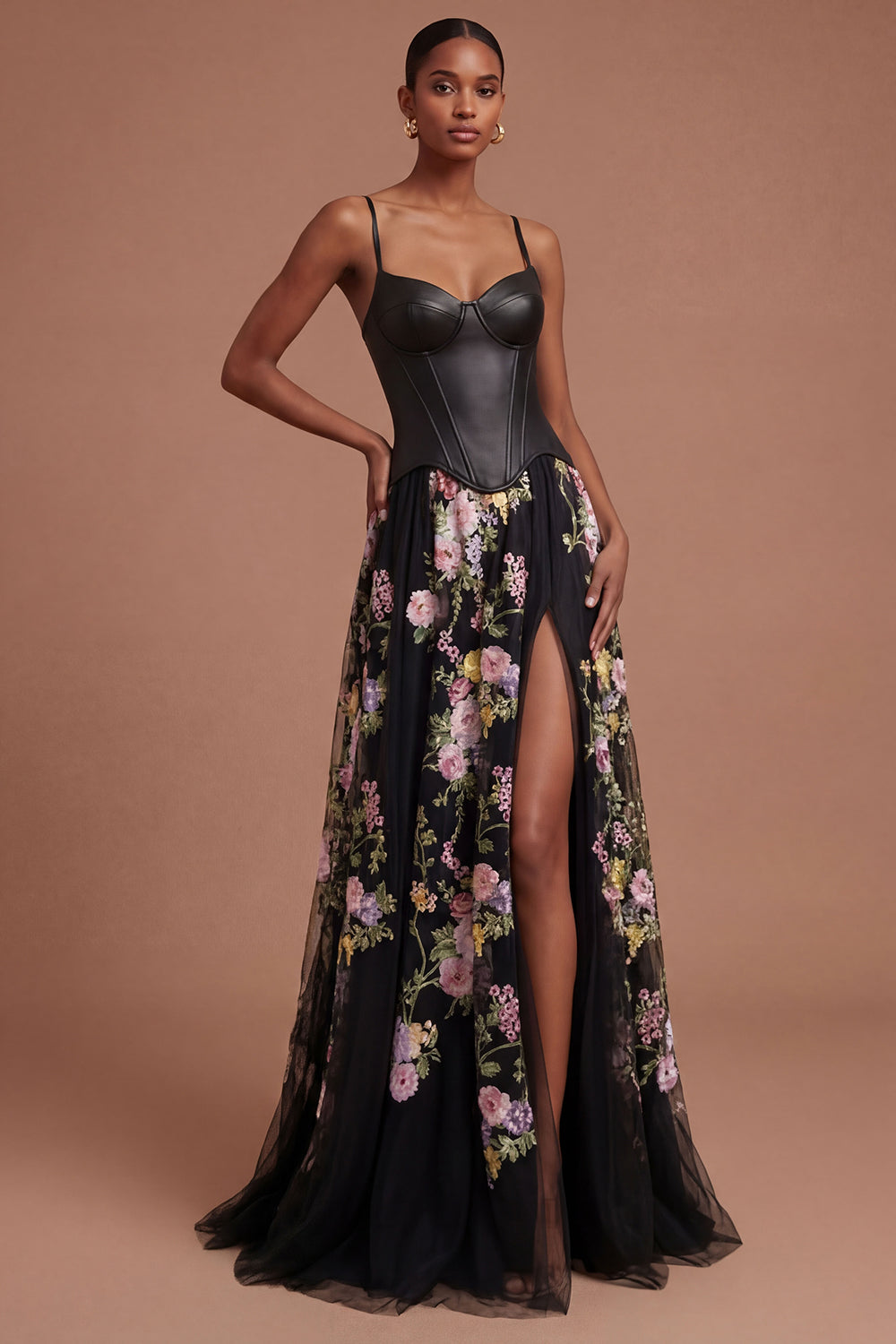 Corset Spaghetti Straps Black Pink Floral Long Prom Dress with Slit