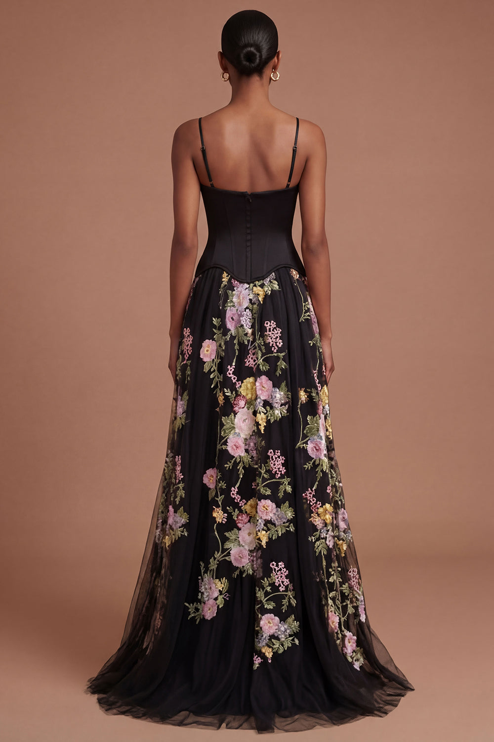 Corset Spaghetti Straps Black Pink Floral Long Prom Dress with Slit