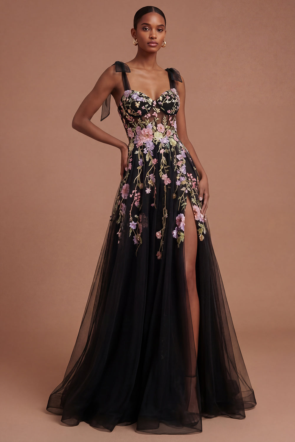 Thick Straps A Line Black Pink Floral Long Prom Dress with Slit