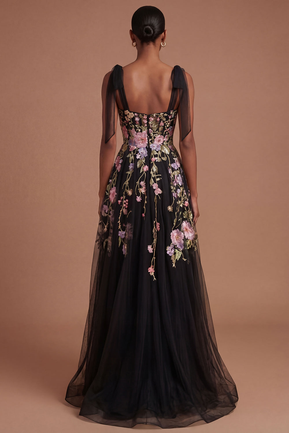 Thick Straps A Line Black Pink Floral Long Prom Dress with Slit